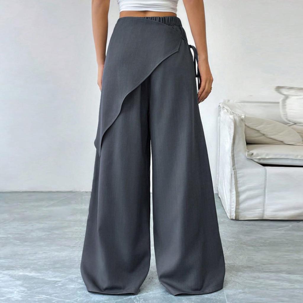 Women's Casual Fashion Solid-Color Elastic Waistband Wide-Leg Straight-Leg Pants With Pockets