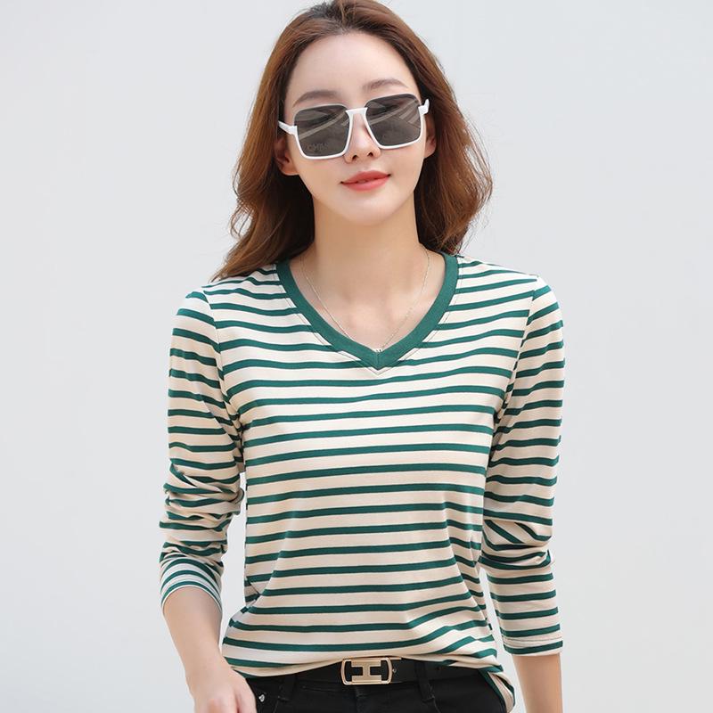Women's Striped V-neck Long-sleeve Stretchy Casual T-shirt