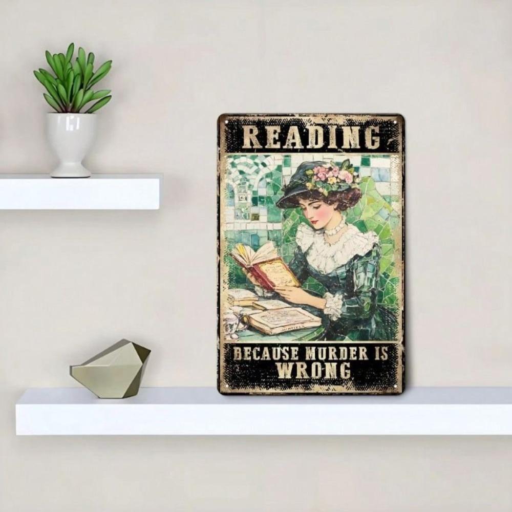 Vintage Girl Reading Book Metal Poster Wall Decor for Bedroom