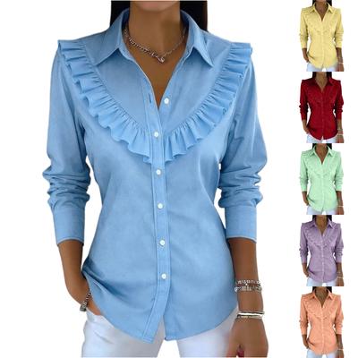 Camisa de Color para Mujer con Cuello, Manga Larga, Casual, Holgada, Acampanada, Top de Algodón y Lino