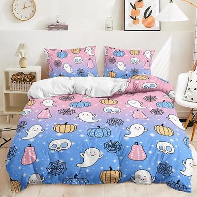 Halloween Bettwäscheset Einzelgröße Mädchen Galaxy Pink Blau Bettbezugset Weißer Geist Niedliches Kürbismuster Cartoon Mädchen