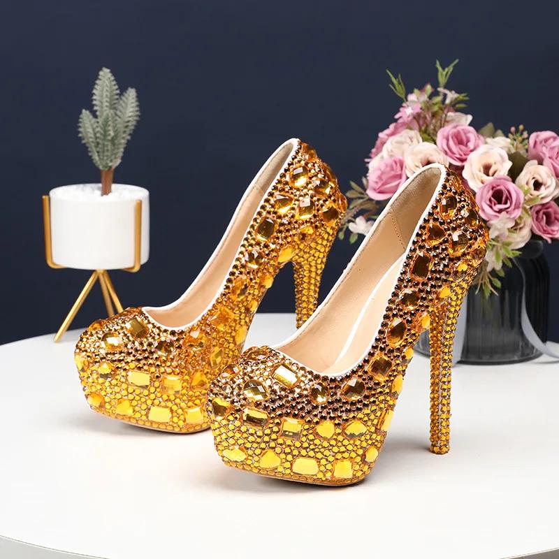 Fashion 14cm Luxury Wedding Shoes Pearl Flowers Full Rhinestones Pearl Platform High Heels Customized Bridal Shoes Cinderella