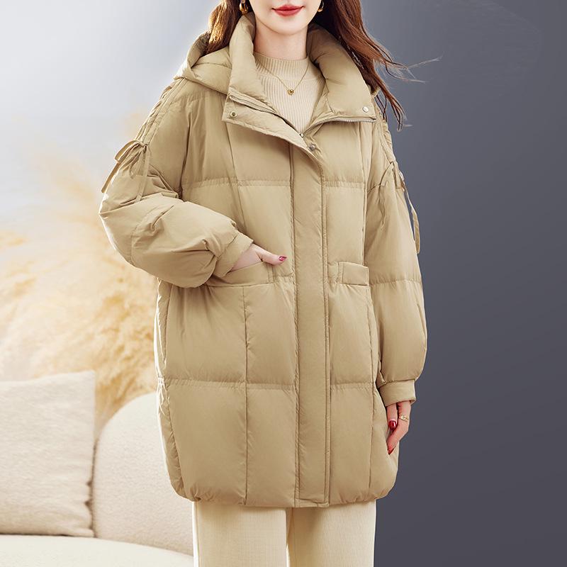 

Women s Mid-Length Winter Down Jacket 2025 - Fashionable Loose Fit Warm White Duck Down Coat L1587 S (90-115 lbs) хаки