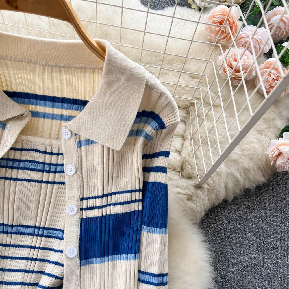 Autumn and Winter Small Fragrant Wind Stripes Collision Color Sexy Lapel Striped Knit Shirt Plus Halter Dress Two-piece