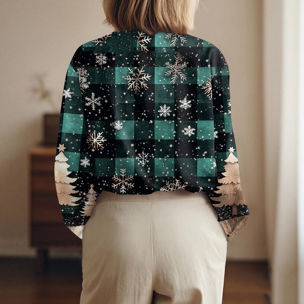 Skjortebluse for kvinner Juletrykkknapp Langermet Casual Basic skjortekrage Vanlig topp