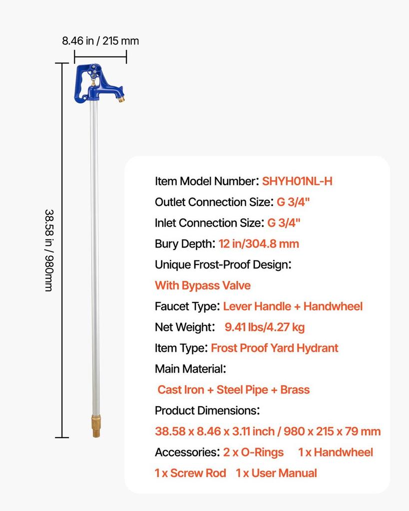Frost Proof Yard Hydrant, 980mm Freeze-Proof Outdoor Water Faucet with 305mm Bury Depth, G 3/4" Pipe Connection, Lever Handle + Handwheel, No Lead