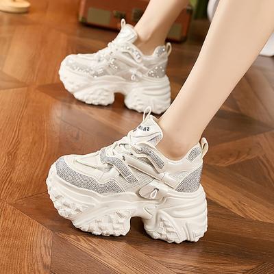 Thick-soled Dad Shoes Women's 2025 Spring New Breathable Mesh Rhinestone Casual Shoes Fashionable Versatile Inner Height-increasing Women's Shoes