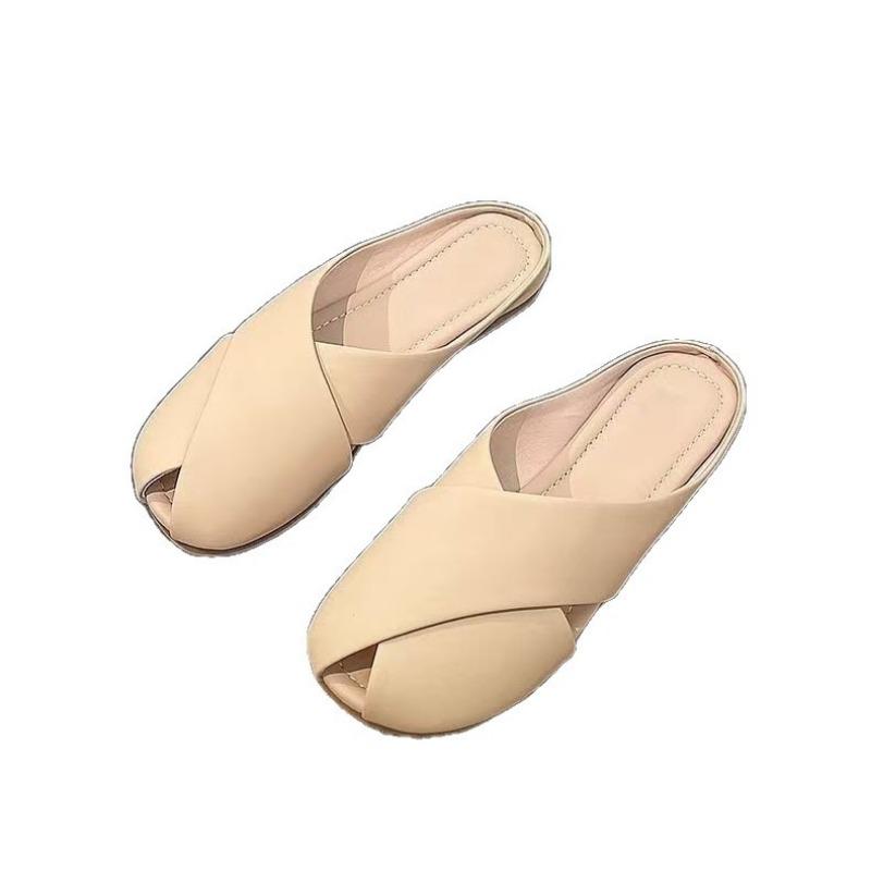 Holiday Outing~ Summer Cross Belt Hollow Low Heel Outer Wear Women's Cool Slippers Casual Thick Heel Lazy Half Drag