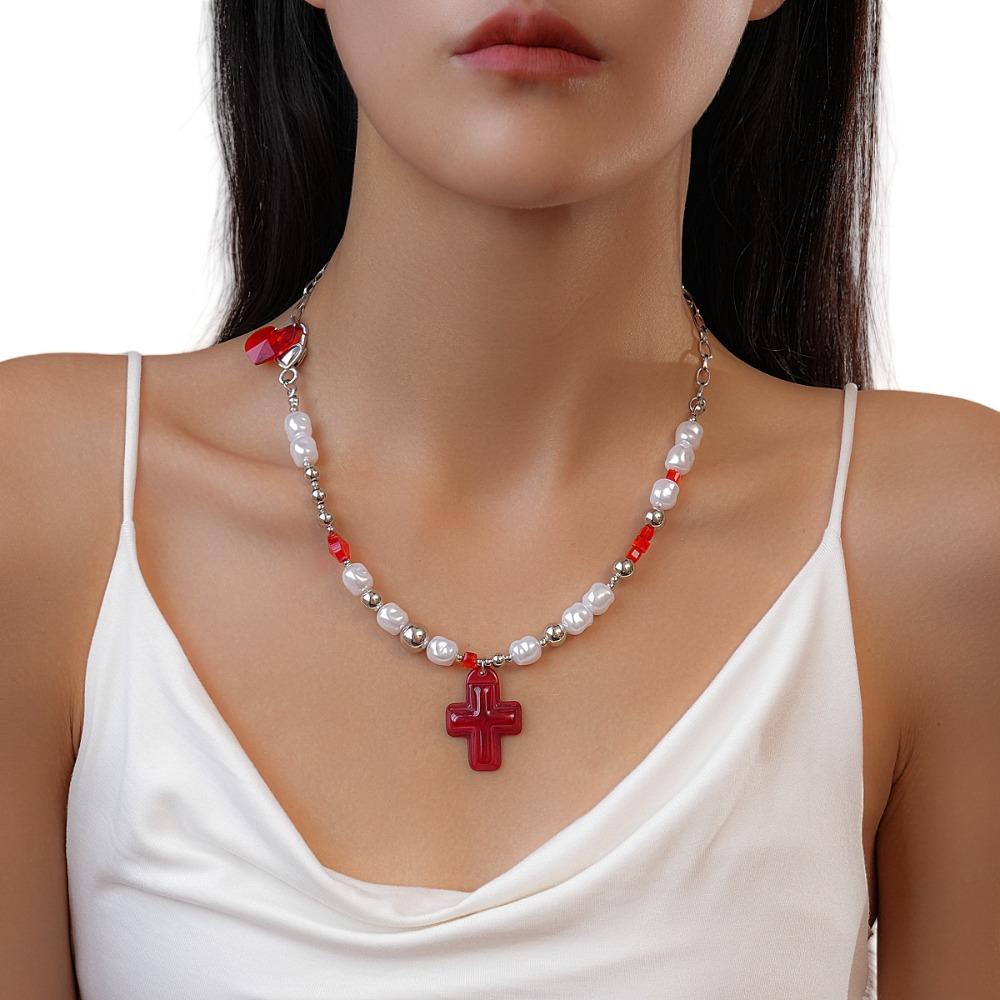 Rhinestone Cross Necklace Love Heart Crystal Cross Pendant Streetwear Cross Choker Chain Party