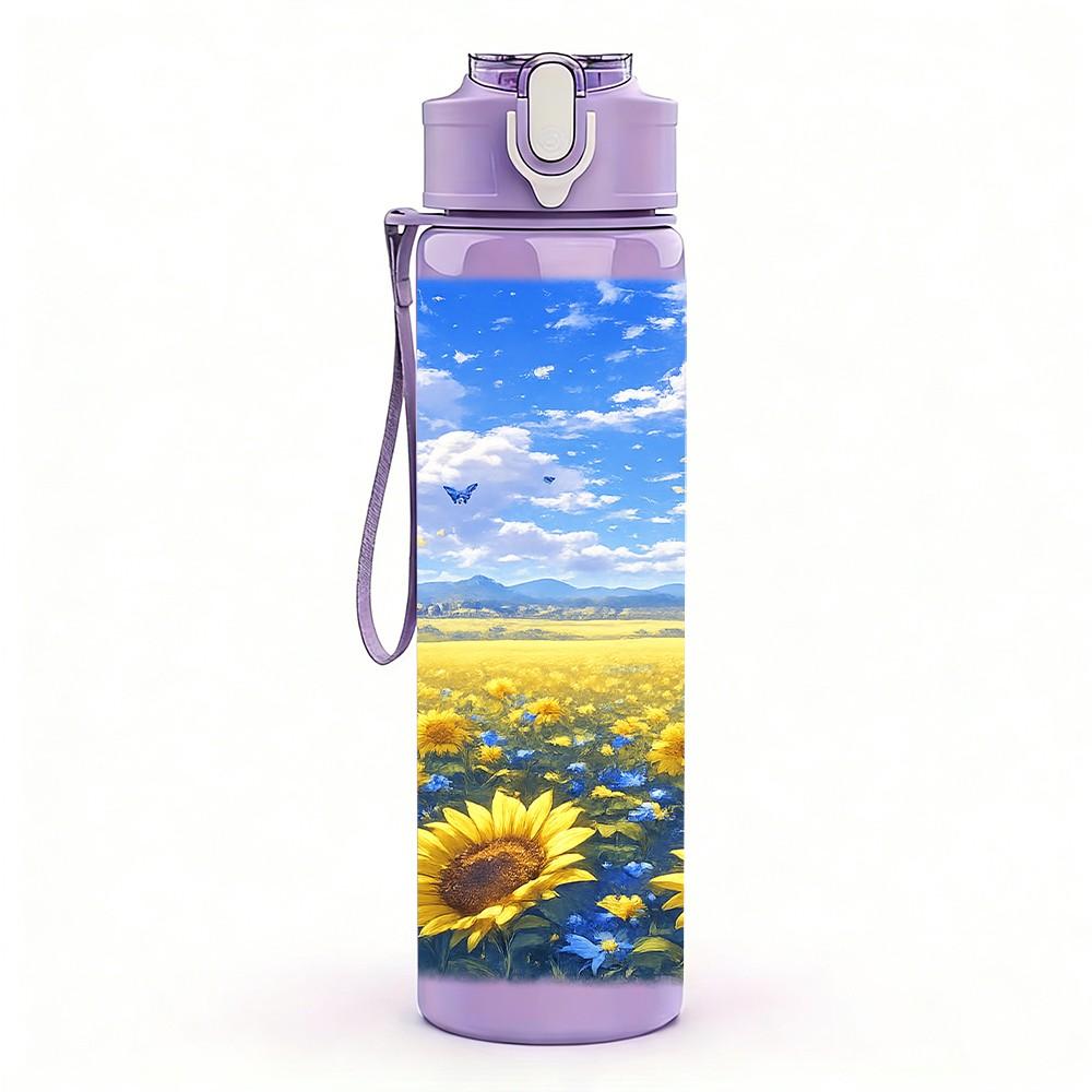 1PC Sunflower Blue Sky Countryside Print 750ml Color Plastic Sports Water Bottle Leakproof Flip Straw Lid Suitable for Sports Office Home Use