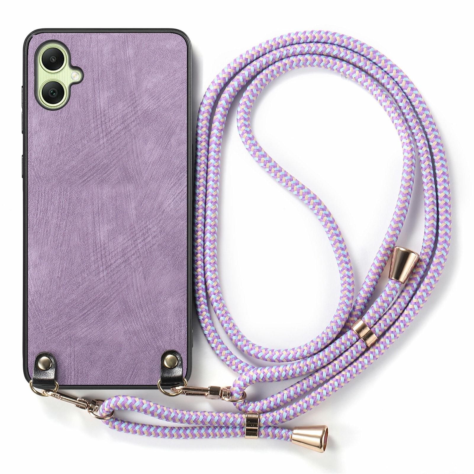

For Samsung Galaxy A06 4G Case Retro Texture Leather Coated PC+TPU Phone Cover with Hanging Rope Blue