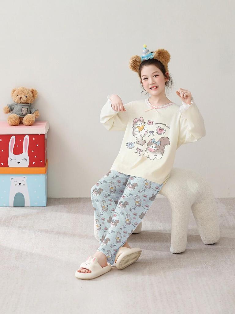 Korean Girls' Lace Long-Sleeve Cotton Pajama Set - Medium & Large Sizes for Spring/Autumn