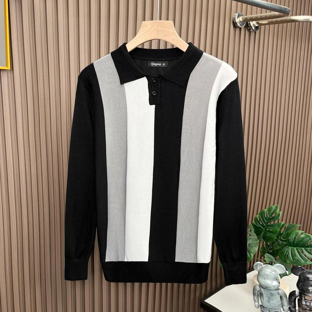 Men's Stylish Color Block Knit Polo Shirt - Hong Kong Style, Casual Autumn/Winter Wear
