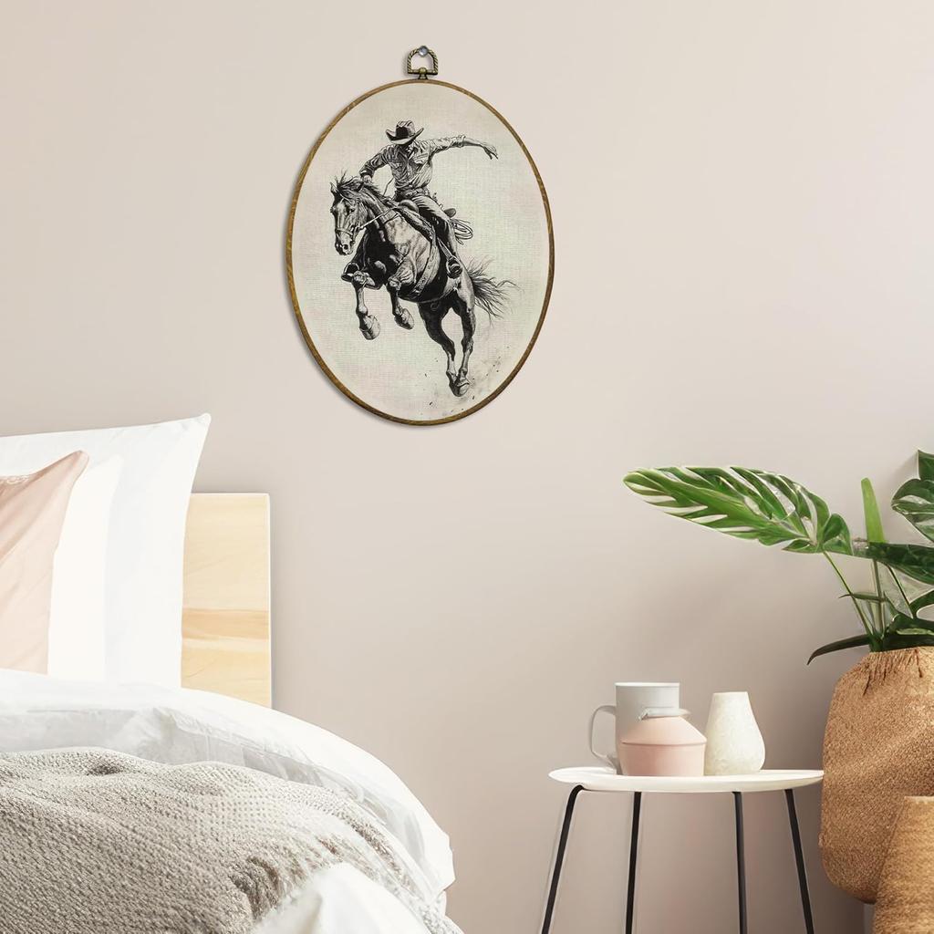 QZQE Vintage Western Cowboy Oval Wall Art Decor Framed, Rustic Country Cowboy Rodeo Oval Canvas Prints, Retro Western Horse Wall Hanging Decor for