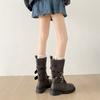 2025 new round head thick heel medium boots with skirt niche design belt buckle versatile fashion knight boots women