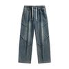 Men's Vintage Blue Wide Leg Drawstring Cargo Jeans - Oversized Streetwear Baggy Denim Trousers
