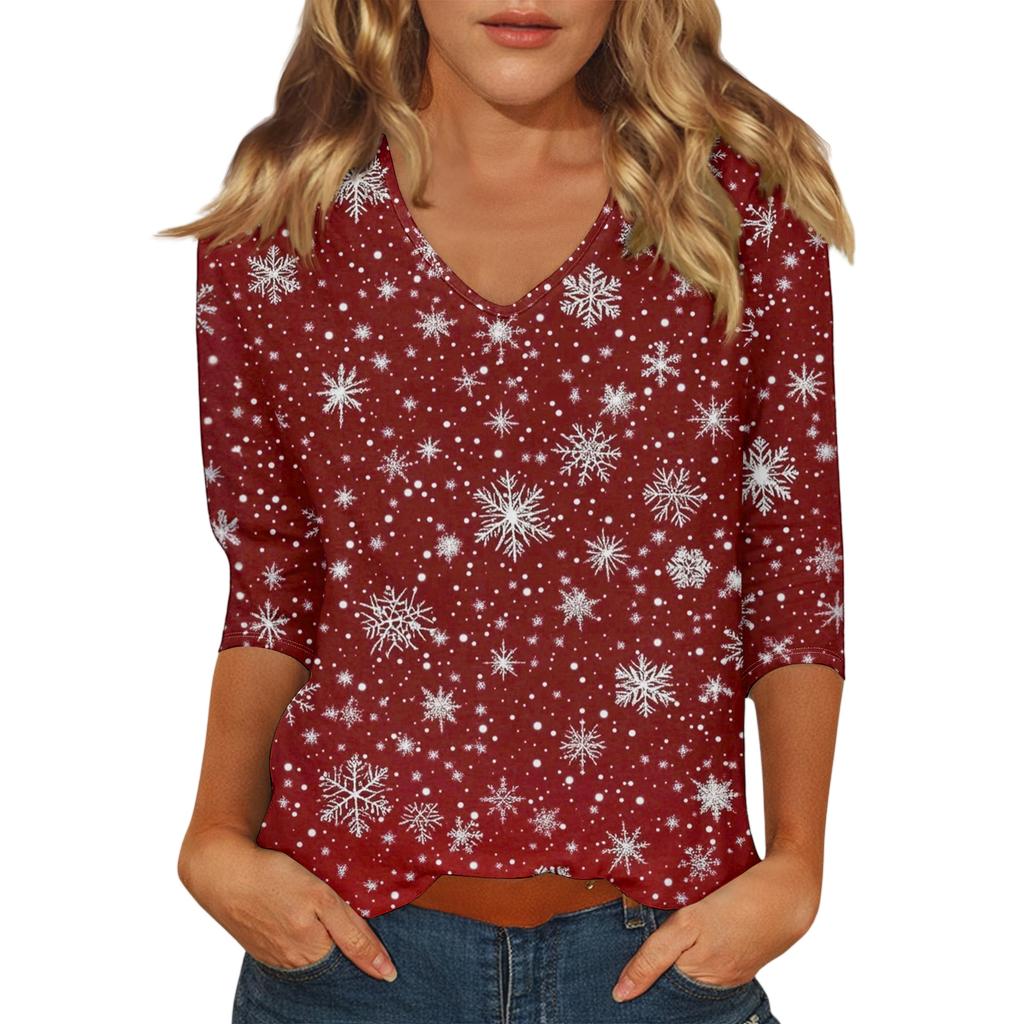 Women's Casual Fashionable Sexy Comfortable V-Neck Christmas Three-Quarter Sleeve Top