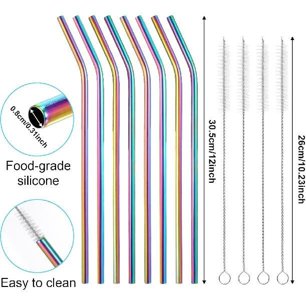 8 Pcs Stainless Steel Straws 12 inch Long Reble Colorful Metal Bent Straw with 4 Pieces Cleaning Brush for 100oz Drinking Reble Tumblers Accessories