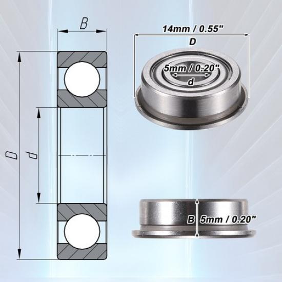 TEN 5x14x5mm Metal Shield Single Row Flanged Ball Bearings Silver Tone Universal