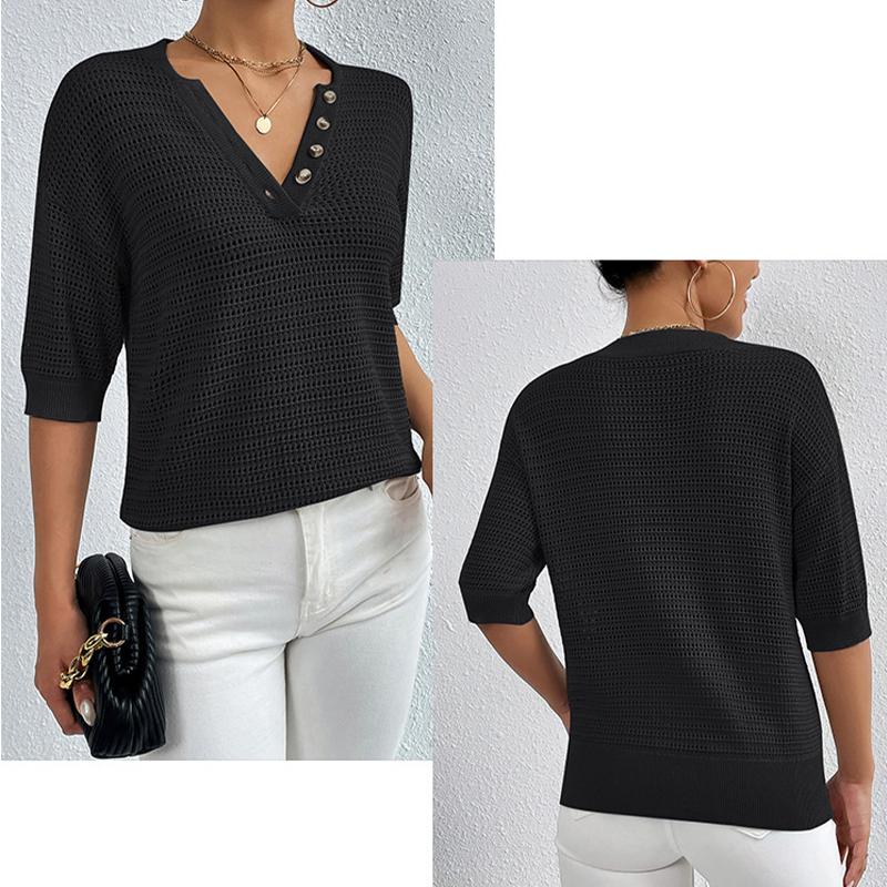 Women's Top Casual V-neck Cut-out Knit Pullover Short Sleeve T-shirt