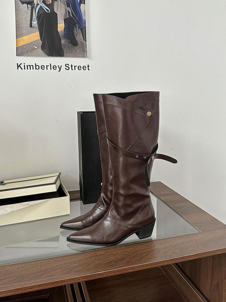 2025 new knee boots high boots European and American thin pointed thick high heel belt buckle knight boots women