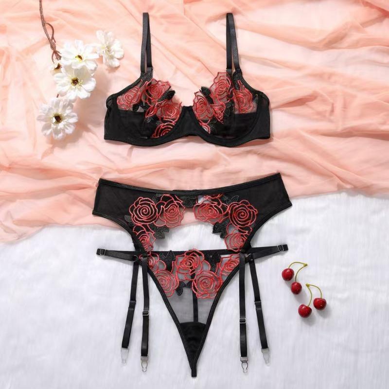 Toucheart 3 Piece Set Sexy Lace Embroidery Bra Set For Women Mesh Patchwork Perspective Sexy Garters Steel Rings Underwear Set
