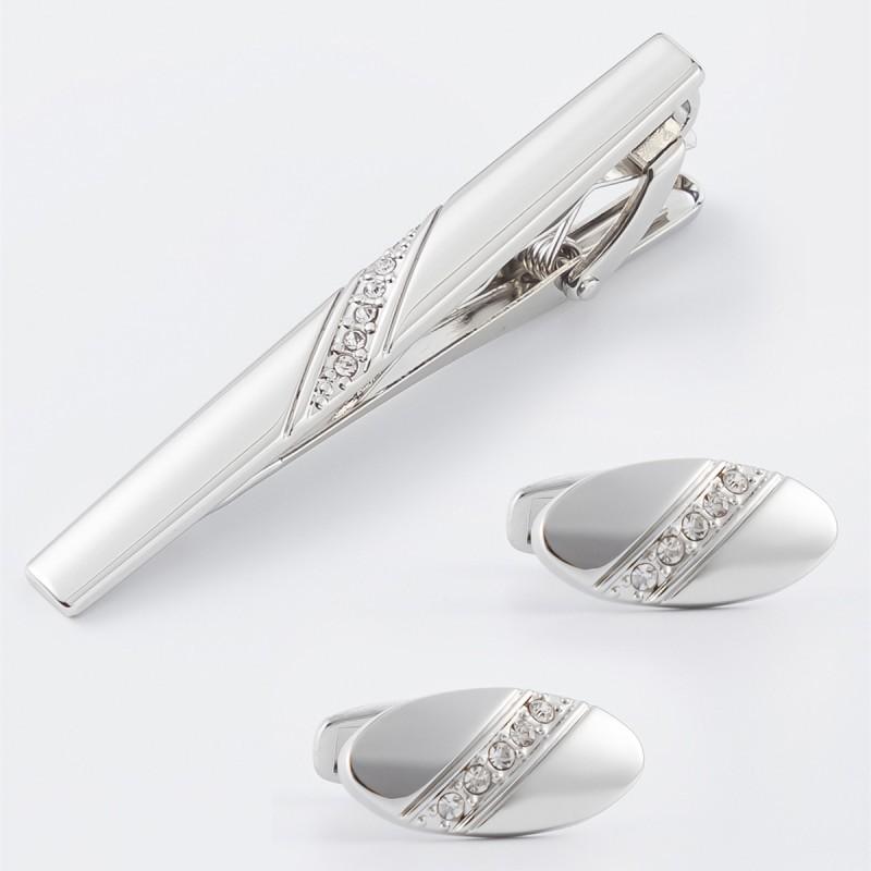 Smooth Diamond Studded Tie Clip Cufflink Set Men s Shirt STXC-0036 серебряный