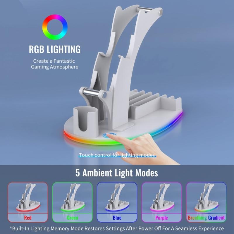 Gaming Accessory Organiser Rack Desktop Display Stand Holder with LED Lights for XSX Game Controllers Headphone