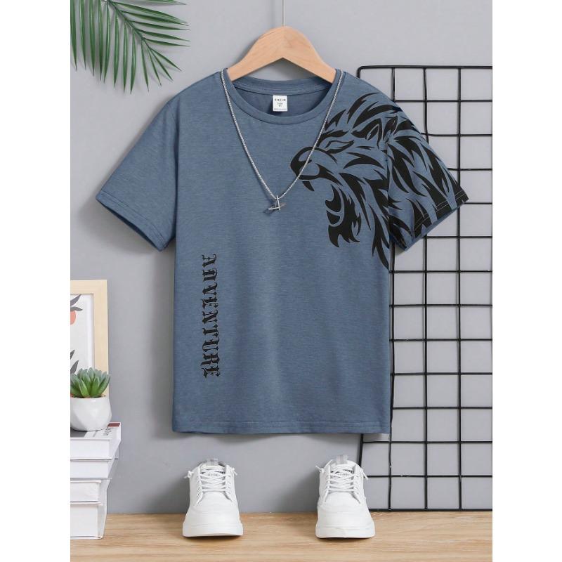 

Футболка с принтом льва и букв для мальчиков-подростков, повседневный трикотаж 6XL