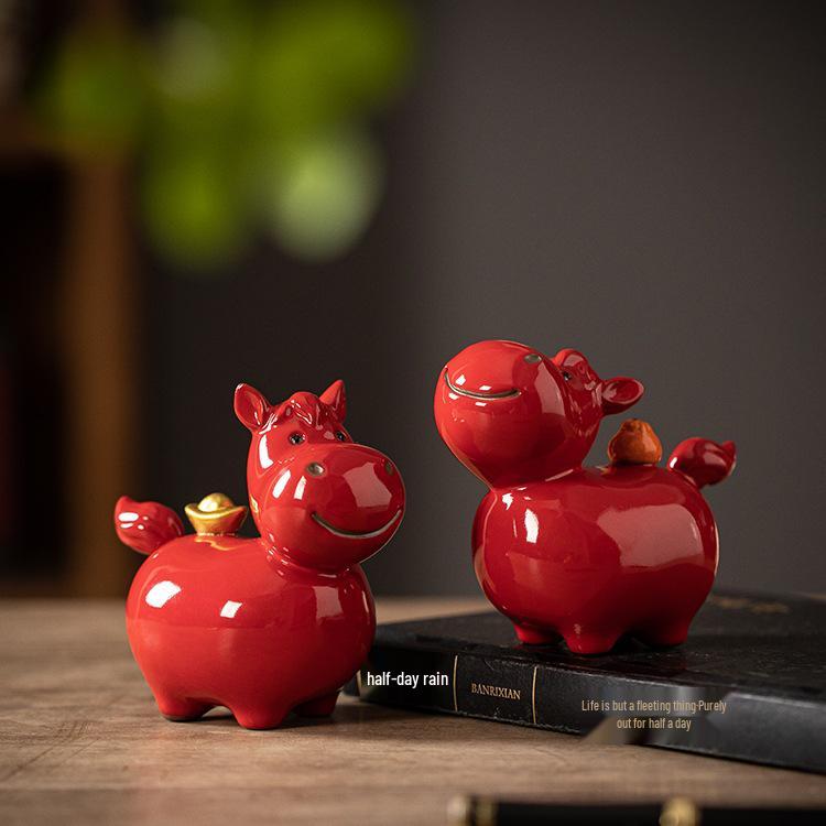 Coppia di Figure di Cavallo in Ceramica Rossa Tang - Mascotte Anno Zodiacale Arredo Tavolo