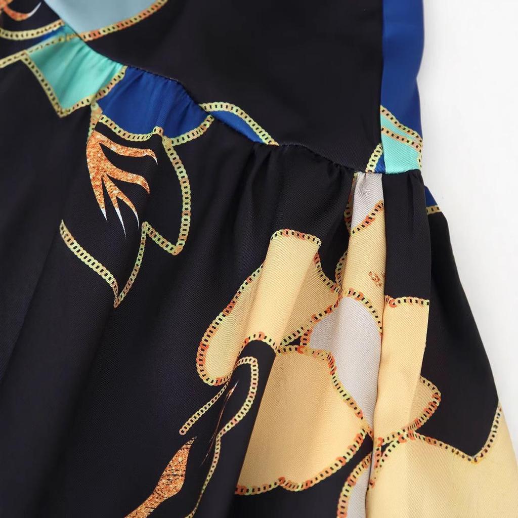 2025 Spring European & American Silk Satin Print Spaghetti Strap Dress