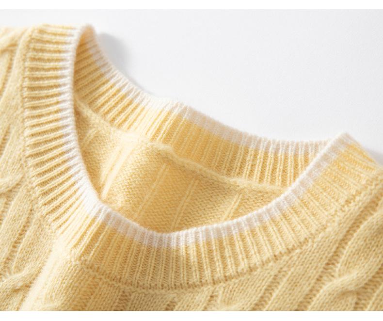 Women's Cashmere Color Block Cable Knit Sweater - Round Neck, Long Sleeve, Loose Fit