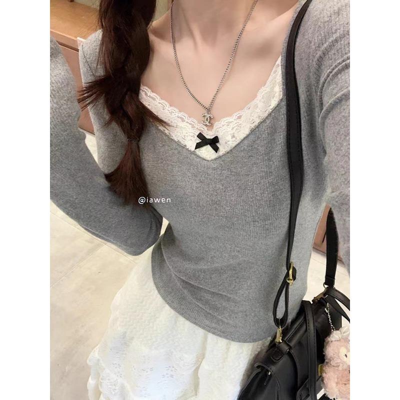 

Утягивающая осенне-зимняя кружевная футболка с длинными рукавами для женщин M серый