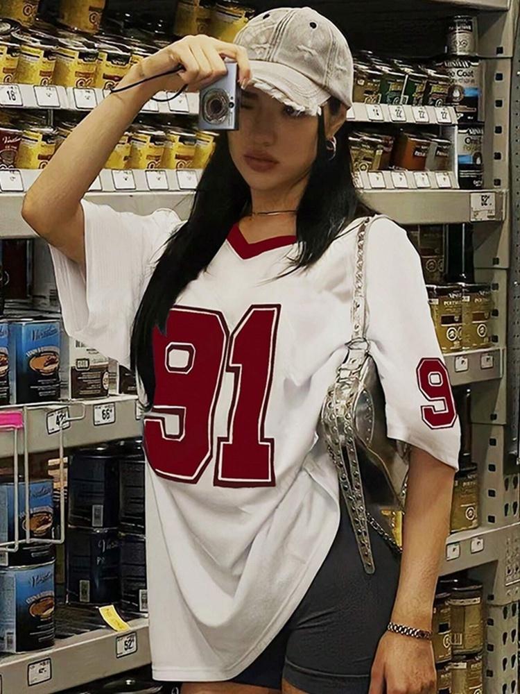 

Лето 2025 Новая Ретро Футболка с принтом №91 для Женщин, Спортивный футбольный костюм с V-образным вырезом и коротким рукавом, Свободный топ L