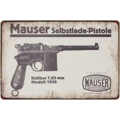 MauserC961930MetalSign Mauser C96 Modelo 1930 7.63mm Letrero Metálico - Diseño Publicitario de Época, Decoración de Pared para Coleccionista de Armas