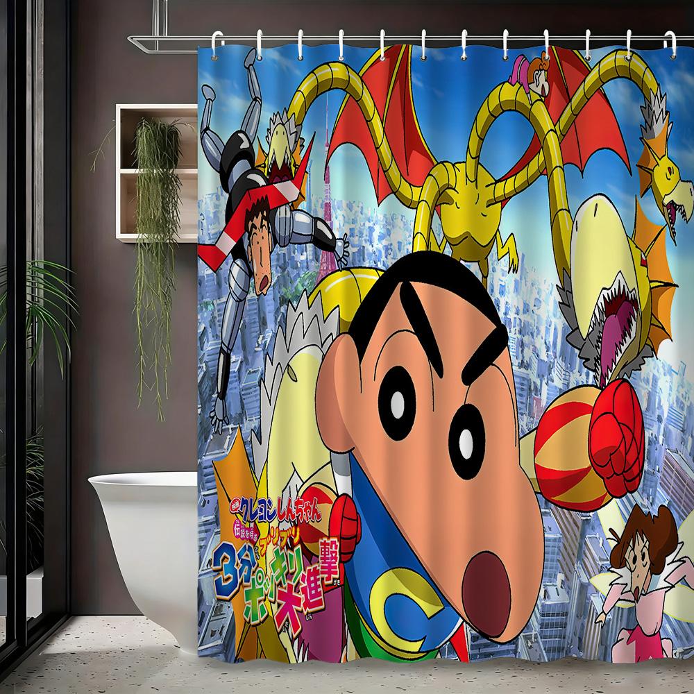 Crayon Shin-Chan & Friends School Uniform & Robot Statue Scene 2D Print Waterproof Shower Curtain, Blue & Yellow Bathroom Decor