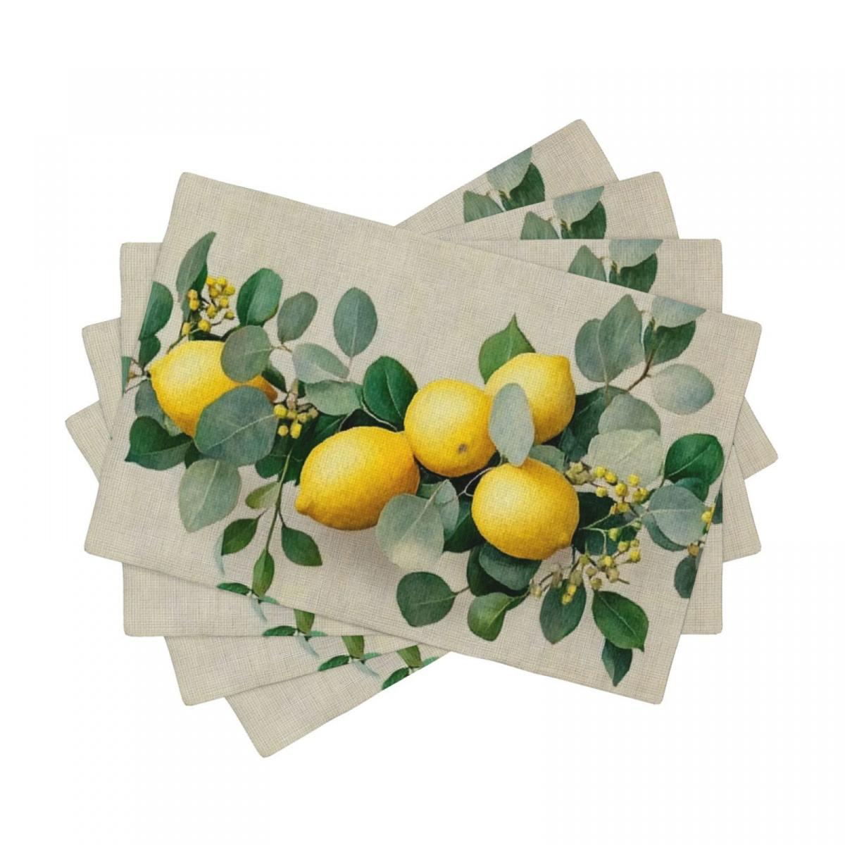 

4pcs Lemon & Leaf Placemats Citrus-Themed Design, Durable Polyester, Machine Washable, Ideal for Indoor/Outdoor Dining 30x45cm-4PC