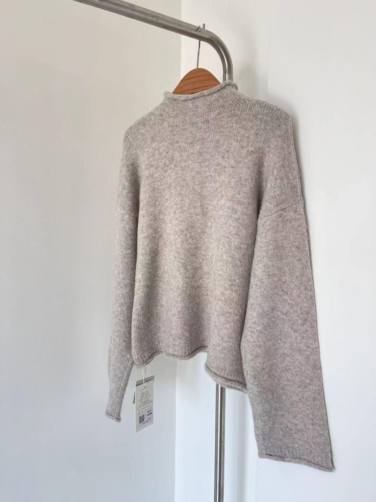 Women's Wool Henley Button-Up Loose Sweater - Autumn/Winter Lazy Style with Rolled Hem, Thick Knit