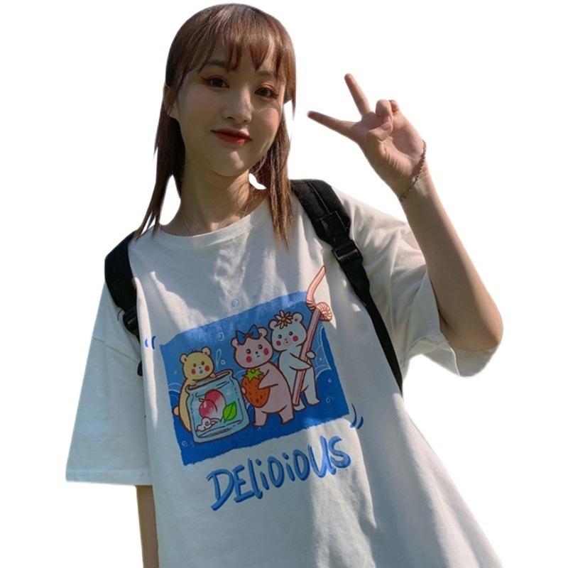 Summer New Small Fresh and Cute Cartoon Bear Print Loose Large Size Student Short-sleeved T-shirt Top Women