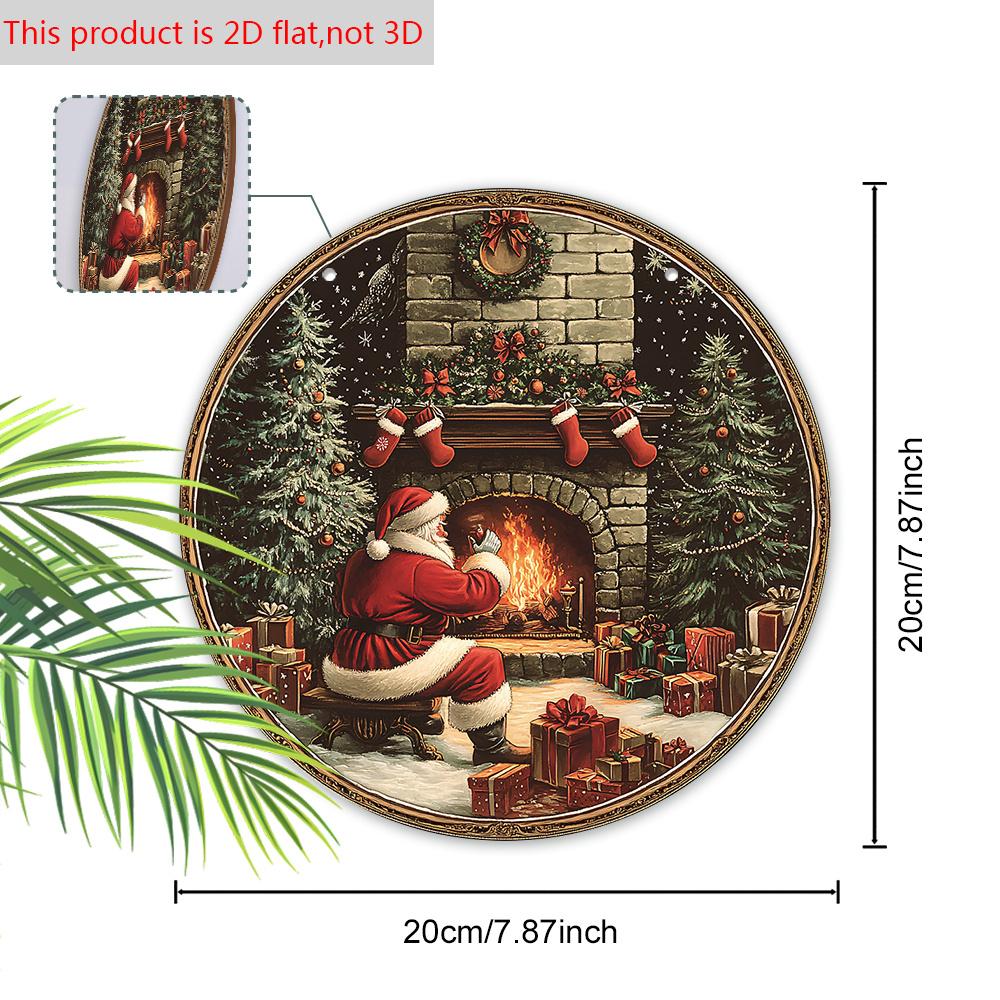 Vintage Wooden Christmas Sign with Santa Claus & Fireplace Pattern, Christmas Eve Round Sign for Front Door Wall Hanging Decor, Ideal Christmas Gift