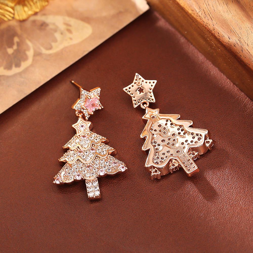 Hot-Selling Pink Zircon Pendant Necklace & Super Shiny Fairy-Style Earrings Set - Cute, Fresh Christmas Tree Design