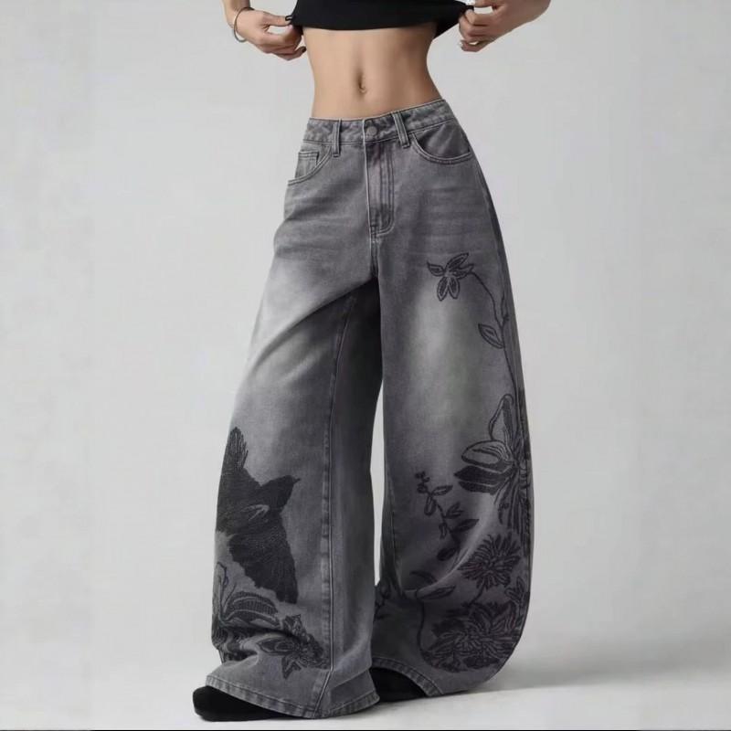 Luźne Szerokie Spodnie Jeansowe Zniszczone Wypłukiwane Kobiety Mężczyźni Streetwear Vintage Nadruk Luźny Krój Wysoki Stan
