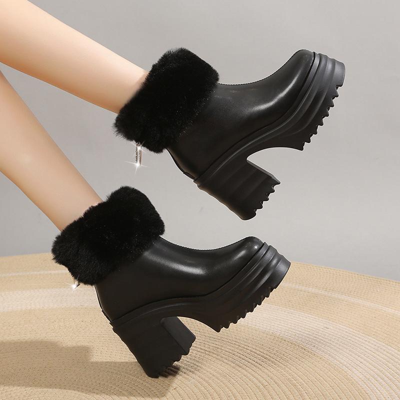 Fur Snow Boots Women's Sexy High Heels Shoes for Woman Fashion Ankle Boots Winter New Brand Warm Plush Cotton Mujer Botas