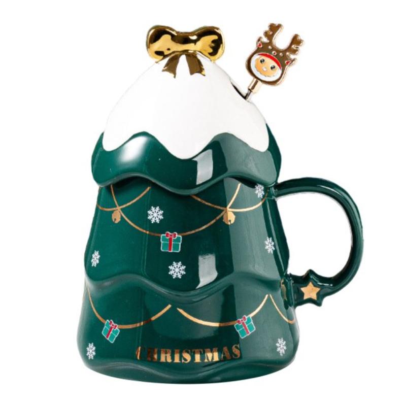 1 Christmas ceramic coffee cup with spoon and lid, colored coffee cup, portable drink, breakfast, drinks, party utensils