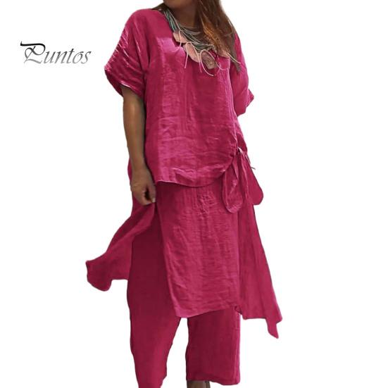 

Женский комплект из хлопка и льна, состоящий из двух предметов: короткий рукав, круглый вырез, завязка по бокам, верх и широкие брюки, повседневный комплект для отдыха L розы красного