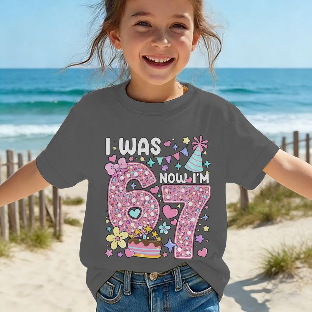 Girls I Was 6 Now I'm 7 T-shirt 7th Birthday Shirt Round Neck Short Sleeve Cotton Tee Age 7 Outfit Number Print Girls Clothes