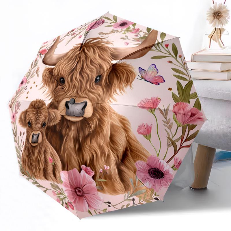 Cows in Flower Field Outdoor Automatic Umbrella Retractable Design with 8-Rib Durability Lightweight Perfect Gift for Friends Family