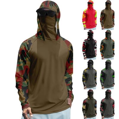 Men’s Long Sleeve Hooded Quick Dry T Shirt Lightweight Printed Sun Protection Top for Outdoor Sports Fishing Fitness