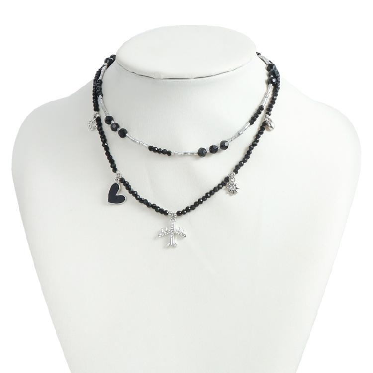 Elegant Gothic Plane Pendant Necklace with Black Beaded Charm and Adjustable Chain Decoration for Trendy Women