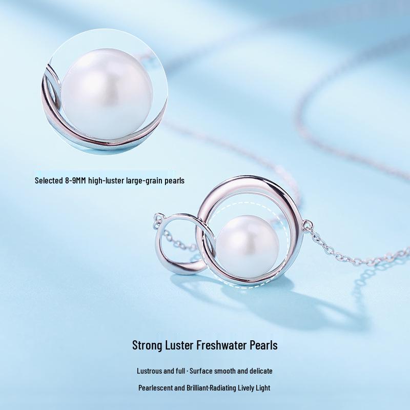 S925 Sterling Silver Freshwater Pearl Necklace for Women with Interlocking Rings Design